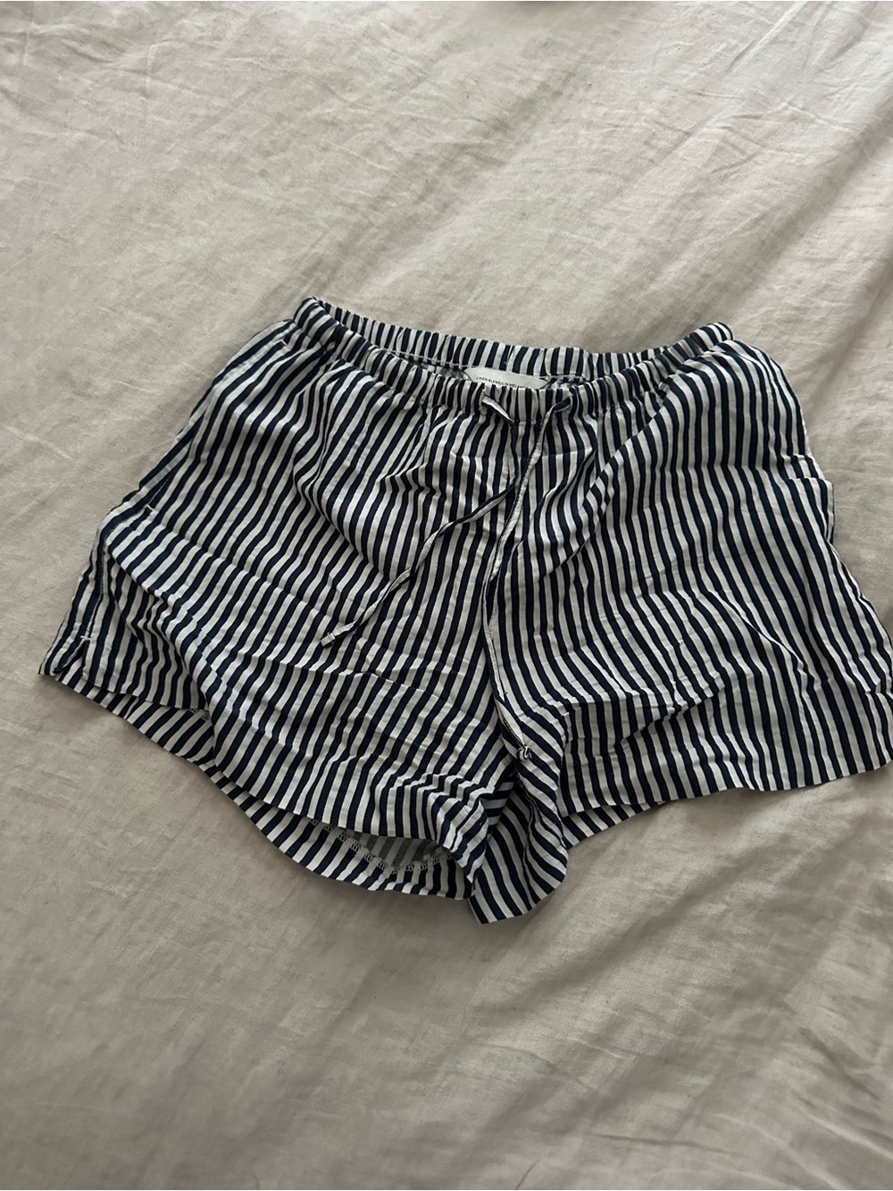 navy striped linen shorts